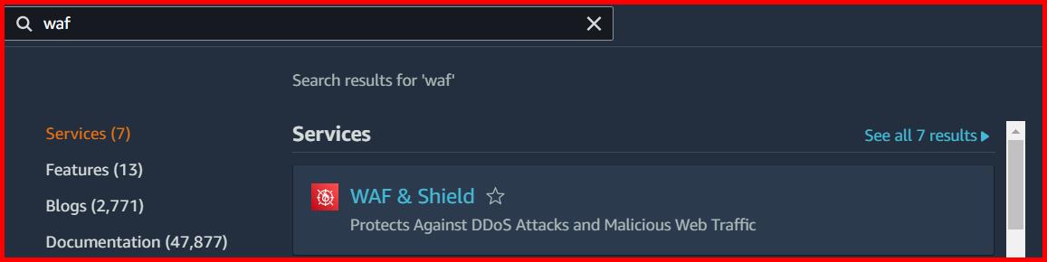Picture showing the WAF & Shield service in the search result